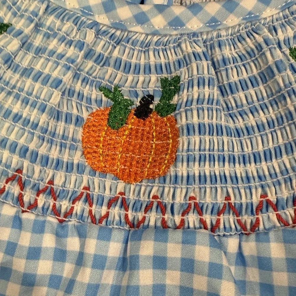 Boutique Pumpkin Smocked Baby Girls Blue Gingham Bubble Romper Fall Pumpkin